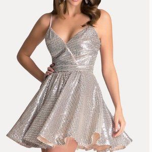 Bebe Sequin Fit & Flare Mini Dress Sleeveless Sparkle Striped Gold White NEW 8